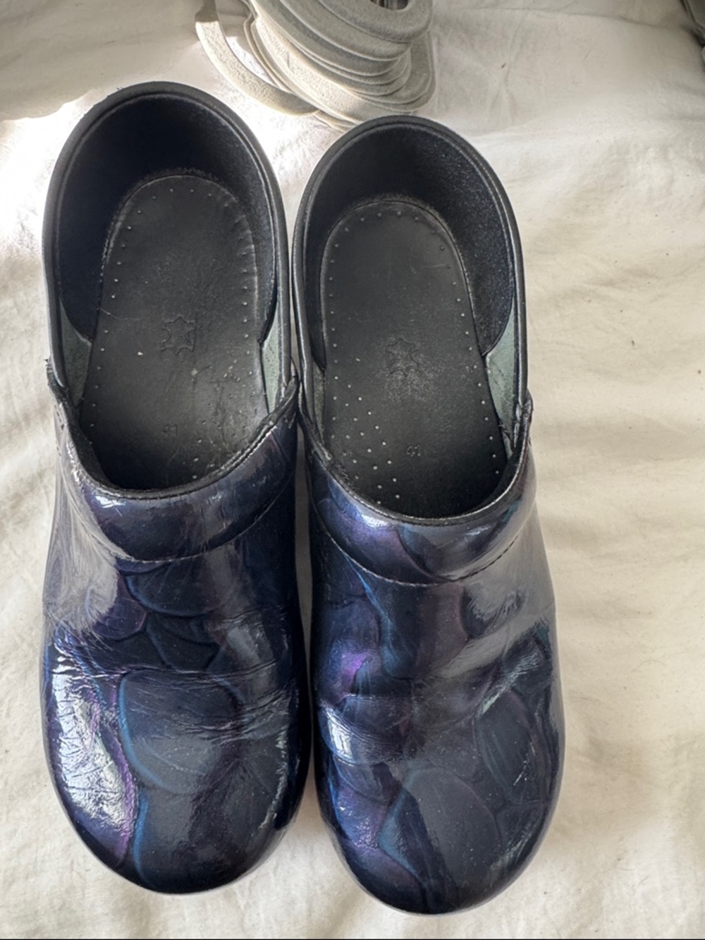 Dansko Iridescent Navy Blue Purple Leather Clogs
